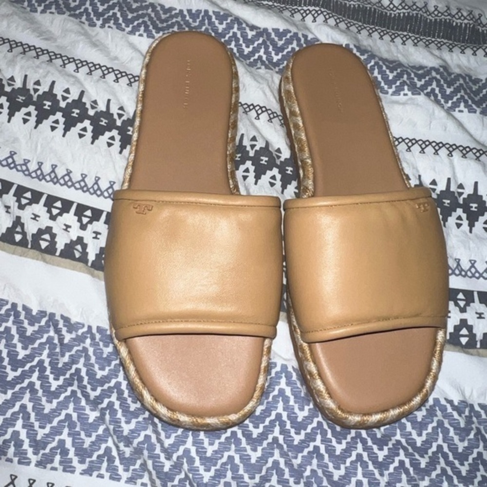 New Tory Burch T Logo  Espadrille Slide Sandals‎ Flat
Platform Leather Size 10
